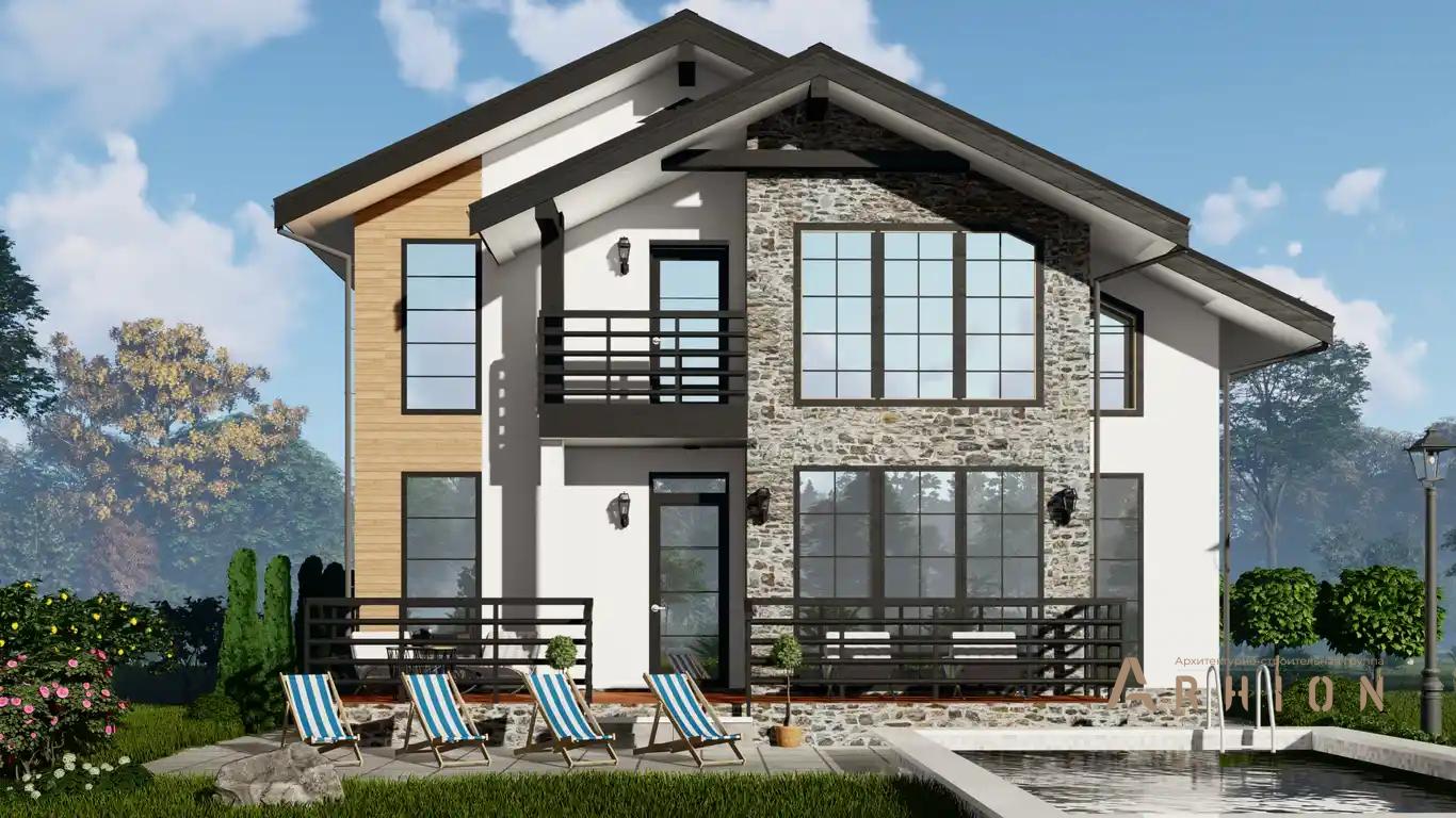 1. Проект одноэтажного дома в современном стиле с двускатной кровлей, h-1611, площадью - 195 кв c мансардой, терассой, балконом, бассейном